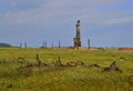 The ruins of barn tall Russian brick oven after fire stands alone in green field. Burnt oven with black pipe, foundation of house. Royalty Free Stock Photo