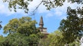 Ruins big and tall buddhist pagoda with leaves frame Royalty Free Stock Photo