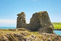 Ruins of The Black Castle and a view of the Wicklow sea in the background.