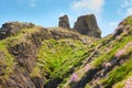 Ruins of The Black Castle and a view of the Wicklow sea in the background.