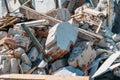 Ruins of broken building. Demolished concrete building debris. Destructed house Royalty Free Stock Photo