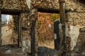 Ruins of burned ancient historical 2 floors house after fire disaster accident in old town of Antalya Kaleici Turkey. Image of Royalty Free Stock Photo