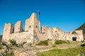 Ruins of a castle-like fortified structure in Kayakoy (Levissi) abandoned village in Mugla province of Turkey