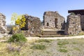 Ruins of Castle of Mola, part of old Norman fortifications on a top of a hill above small vilage, Castelmola Sicily Italy