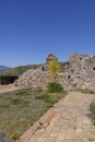 Ruins of Castle of Mola, part of old Norman fortifications on a top of a hill above small vilage, Castelmola Sicily Italy