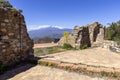 Ruins of Castle of Mola, part of old Norman fortifications on a top of a hill above small vilage, view of Mount Etna, Castelmola