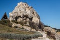 Ruins of the castle standing atop of picturesque village