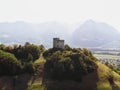 Ruins of Castle Wartau towering above the Rhine Valley in Werdenberg in the canton of St. Gallen in Switzerland