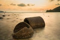 The ruins Cement pipe on the sea in sunset time.Beautiful seascape.Thailand