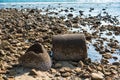 The ruins Cement pipe on the sea in sunset time.Beautiful seascape.Thailand