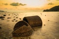 The ruins Cement pipe on the sea in sunset time.Beautiful seascape.Thailand