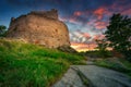 Ruins of Chojnik Castle in Karkonosze mountains at sunset. Poland Royalty Free Stock Photo