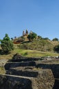 Ruins of Cholula pyramid with Church of Our Lady of Remedies at Royalty Free Stock Photo