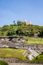 Ruins of Cholula pyramid with Church of Our Lady of Remedies at the top of it - Cholula, Puebla, Mexico Royalty Free Stock Photo