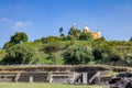 Ruins of Cholula pyramid with Church of Our Lady of Remedies at the top of it - Cholula, Puebla, Mexico Royalty Free Stock Photo