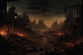 Ruins of a city destroyed by fire. 3D rendering. A haunting image of a once vibrant cityscape transformed into a nightmarish,