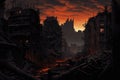 Ruins of a city at sunset. 3d rendering. Computer digital drawing. A haunting image of a once vibrant cityscape transformed into a