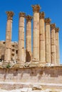 Ruins and columns of the ancient temple of Artemis the Roman city of Gerasa modern Jerash in Jordan. Royalty Free Stock Photo