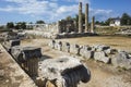 Ruins columns of Temple of Leto in Letoon Ancient City in village Kumluova, Turkey. Sunny day, Greek culture