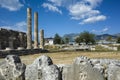 Ruins columns of Temple of Leto in Letoon Ancient City in village Kumluova, Turkey. Sunny day, Greek culture temple