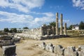 Ruins columns of Temple of Leto in Letoon Ancient City in village Kumluova, Turkey. Sunny day