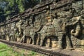 Ruins of complex of religious temple of Angkor Wat, Cambodia. View of wall with elephants