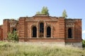 Ruins of a destroyed church in a Russian village. Red brick wall and empty windows. Royalty Free Stock Photo