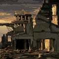 Ruins of destroyed houses in the gloomy sunset lighting