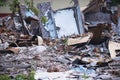 Ruins of a destroyed wooden house. Fragments of walls, boards, interior details. Summer sunny day.