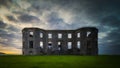 Ruins of Downhill Demesne with dramatic, moody sunset, Northern Ireland