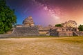 Ruins of El Caracol observatory temple, Chichen Itza, Yucatan, Mexico, Maya civilization with Milky Way Galaxy stars night sky Royalty Free Stock Photo