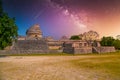 Ruins of El Caracol observatory temple, Chichen Itza, Yucatan, Mexico, Maya civilization with Milky Way Galaxy stars night sky Royalty Free Stock Photo