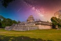 Ruins of El Caracol observatory temple, Chichen Itza, Yucatan, Mexico, Maya civilization with Milky Way Galaxy stars night sky Royalty Free Stock Photo