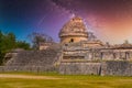 Ruins of El Caracol observatory temple, Chichen Itza, Yucatan, Mexico, Maya civilization with Milky Way Galaxy stars night sky Royalty Free Stock Photo