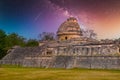 Ruins of El Caracol observatory temple, Chichen Itza, Yucatan, Mexico, Maya civilization with Milky Way Galaxy stars night sky Royalty Free Stock Photo