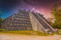 Ruins of El Osario pyramid, Chichen Itza, Yucatan, Mexico, Maya civilization with Milky Way Galaxy stars night sky