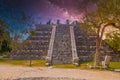 Ruins of El Osario pyramid, Chichen Itza, Yucatan, Mexico, Maya civilization with Milky Way Galaxy stars night sky