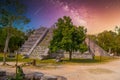 Ruins of El Osario pyramid, Chichen Itza, Yucatan, Mexico, Maya civilization with Milky Way Galaxy stars night sky Royalty Free Stock Photo