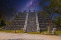 Ruins of El Osario pyramid, Chichen Itza, Yucatan, Mexico, Maya civilization with Milky Way Galaxy stars night sky