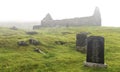 Ruins and graveyard of Cill chriosd on Isle of Skye in mist