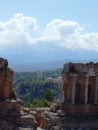 Ruins of the Greek Roman Theater with Etna, Taormina, Sicily, Italy Royalty Free Stock Photo