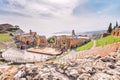 Ruins of the Greek Theater of Taormina and the picturesque mountain chain from the vulcano Etna to Castelmola Royalty Free Stock Photo