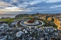 Ruins of Hamningberg coastal fort in sunrise lights, vestige of German military defense of 2d World War. Varanger Peninsula of Royalty Free Stock Photo