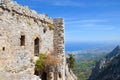 Ruins of historical Saint Hilarion Castle in Northern Cyprus overlooking the Mediterranean sea and its coast by the city Kyrenia. Royalty Free Stock Photo