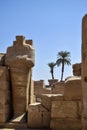 Ruins of Karnak Temple complex with sculptures, statues and columns carved with ancient Egyptian hieroglyphs and symbols Royalty Free Stock Photo