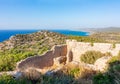 Ruins of Kritinia castle and panorama of Rhodes island, Greece Royalty Free Stock Photo