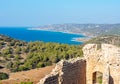 Ruins of Kritinia castle and panorama of Rhodes island, Greece Royalty Free Stock Photo