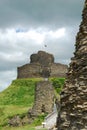 Ruins of Launceston Castle, Cornwall, threatening black clouds behind