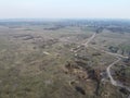 The ruins of a livestock farm, aerial view. Destroyed animal sheds