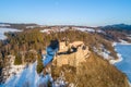 Ruins of medieval castle in Czorsztyn, Poland. Aerial view in winter